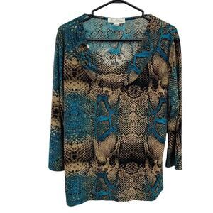 Tradition Womens Brown Blue Snakeskin Print Long Sleeve Top Blouse Size Large​​